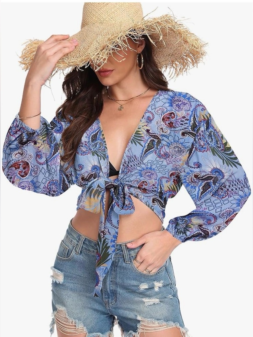 XXL Light Blue Paisley Tie-Front Crop Top